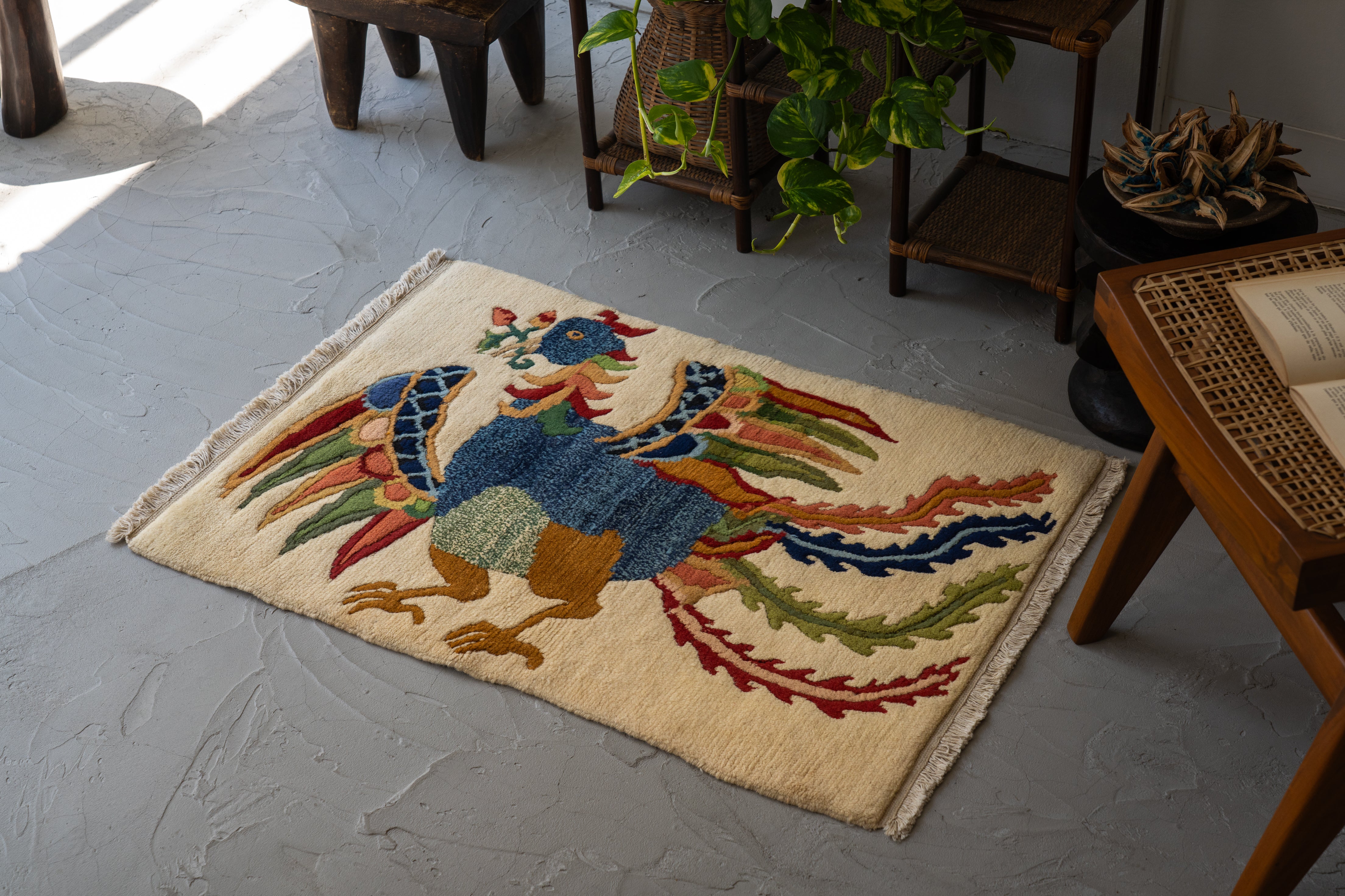チベットラグ　ビンテージ手織り絨毯 46cmx46cm old rug チベット産 1990年代 チベタンラグ】手織り絨毯-アンティークラグ