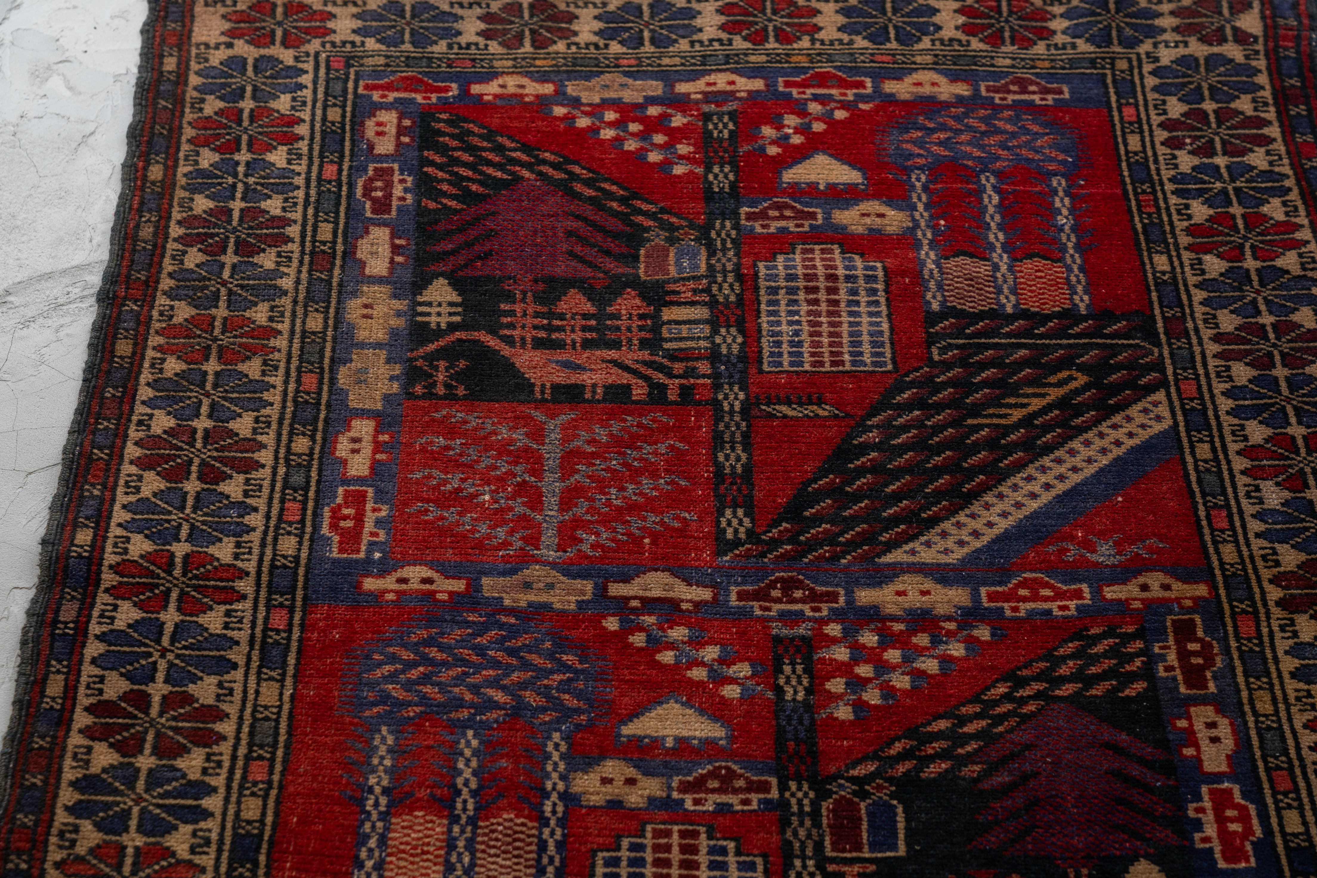 アフガニスタン　ヴィンテージ　ラグ　トライバル　赤　手織り絨毯 アフガニスタン ヴィンテージラグ オールド手織り絨毯 トライバルラグ