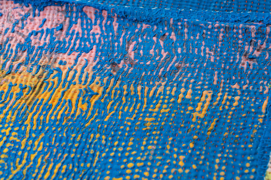 インド産　ヴィンテージ　カンタキルト　パッチワーク　手織り刺繍　手刺繍　ラリーキルト　ソファカバー　ヴィンテージ雑貨　民芸品　キルト専門店　amaleh