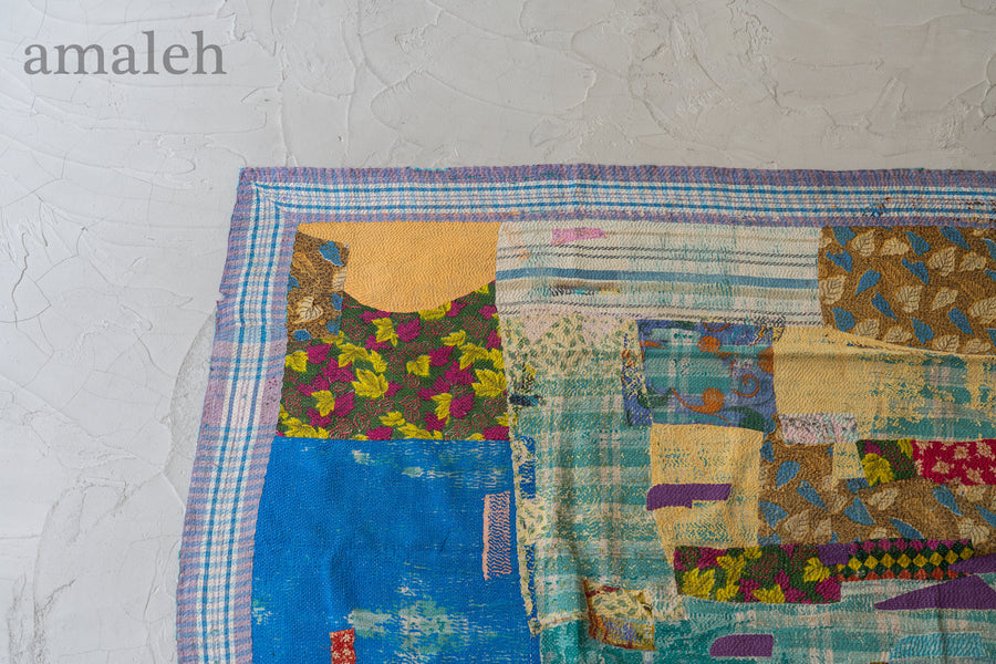 インド産　ヴィンテージ　カンタキルト　パッチワーク　手織り刺繍　手刺繍　ラリーキルト　ソファカバー　ヴィンテージ雑貨　民芸品　キルト専門店　amaleh