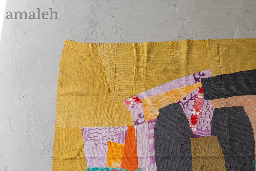 インド産　ヴィンテージ　カンタキルト　パッチワーク　手織り刺繍　手刺繍　ラリーキルト　ソファカバー　ヴィンテージ雑貨　民芸品　キルト専門店　amaleh