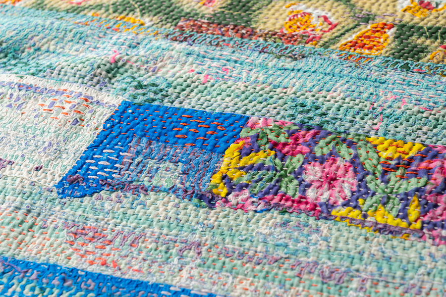 インド産　ヴィンテージ　カンタキルト　パッチワーク　手織り刺繍　手刺繍　ラリーキルト　ソファカバー　ヴィンテージ雑貨　民芸品　キルト専門店　amaleh