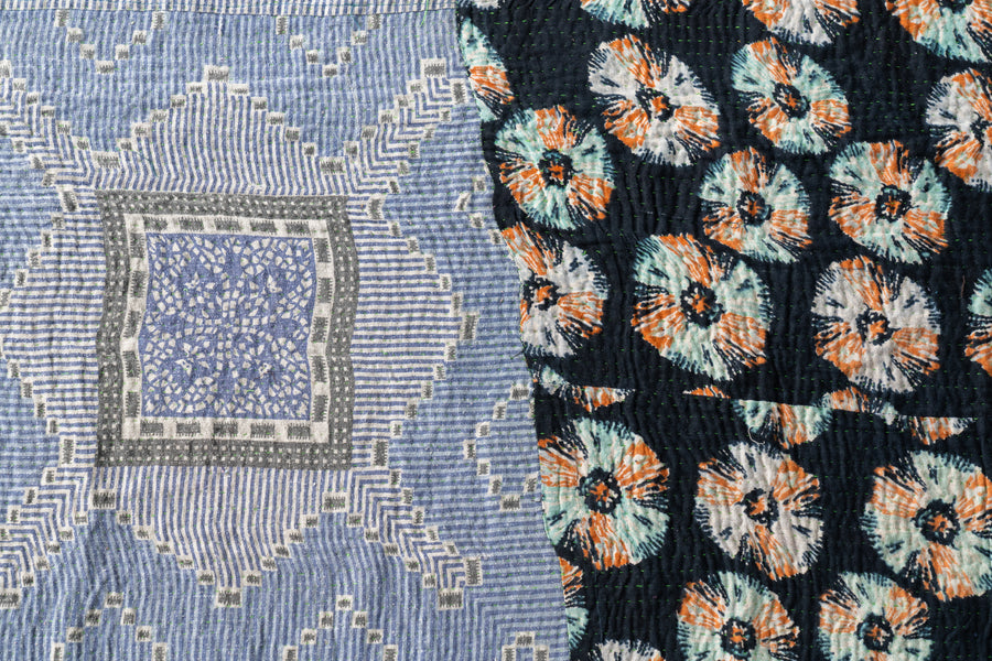 インド産　ヴィンテージ　カンタキルト　パッチワーク　手織り刺繍　手刺繍　ラリーキルト　ソファカバー　ヴィンテージ雑貨　民芸品　キルト専門店　amaleh