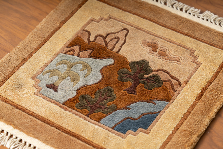 ネパール産　ヴィンテージラグ　手織りラグ　手織り絨毯　ミニラグ　シルク　風景画