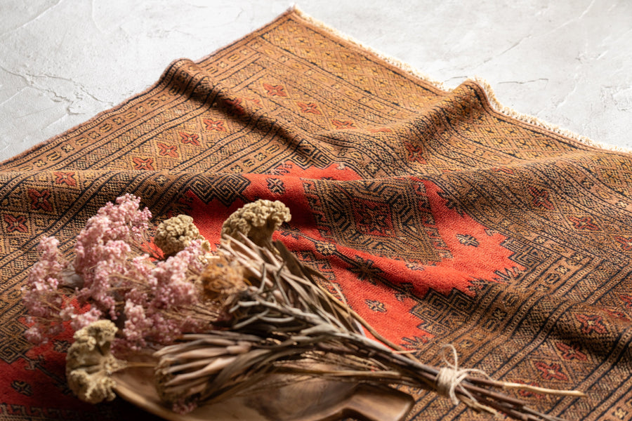 1980年代　パキスタン産　ヴィンテージラグ　手織りラグ　パキスタンラグ　ギュル文様　絨毯