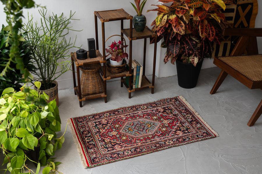 インド産　1990年代　ヴィンテージラグ　メダリオン　マヒデザイン　ヘラティ文様　植物柄　耐久性　長持ち　赤い絨毯　赤　玄関マット　玄関　キッチンマット　ベッドサイド　家具 手織り　絨毯　カーペット　ヴィン手ージラグ専門店　amaleh　通販