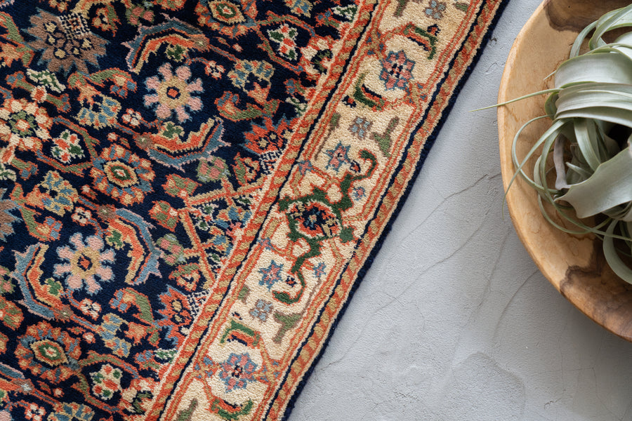 ヴィンテージ＊手織り　ラグ ネイビーブルーオレンジ インド産 1990年代 手織り絨毯】ギャッベ-ヴィンテージラグ専門店