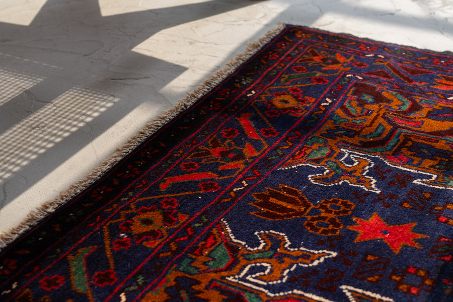 ヴィンテージラグ　トライバルラグ　ネイビーバルーチ アフガニスタン産 1990年代 バルーチ族】トライバルラグ-ヴィンテージ