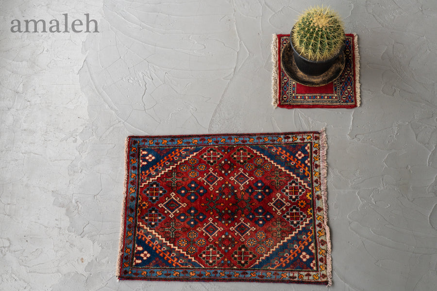 イラン産　1980年代　ヴィンテージラグ　ヴィンテージペルシャ絨毯　ペルシャ絨毯　花柄　植物　赤い絨毯　赤　玄関マット　玄関　キッチンマット　ベッドサイド　家具　手織り　絨毯　カーペット　ヴィンテージラグ専門店　amaleh　通販