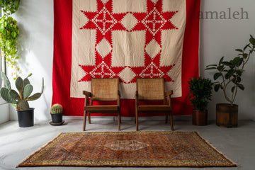 イラン産　1980年代　ヴィンテージラグ　ヤズド　メダリオン　マヒデザイン　ヘラティ文様　リビングサイズ　6畳　8畳　10畳　12畳　ダイニングテーブル　ソファ　テーブル　寝室　スタジオ　和室　ディスプレイ　家具　ヴィンテージ家具　手織り　絨毯　カーペット　amaleh　通販