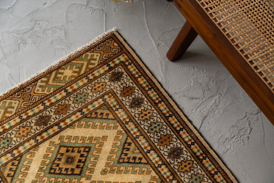 パキスタン産　1980年代　ヴィンテージラグ　パキスタンラグ　サソリ柄　イーブルアイ　魔除け　グリーン　緑　ブラウン　茶　玄関マット　玄関　キッチンマット　ベッドサイド　家具　手織り　絨毯　カーペット　ヴィンテージラグ専門店　amaleh　通販