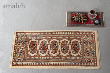 パキスタン産　1990年代　ヴィンテージラグ　パキスタンラグ　ベージュ　アイボリー　イーブルアイ　魔除け　ランナー　玄関マット　玄関　キッチンマット　ベッドサイド　家具　手織り　絨毯　カーペット　ヴィンテージラグ専門店　amaleh　通販