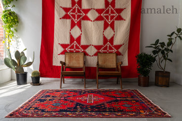 イラン産　1980年代　ヴィンテージラグ　ペルシャ絨毯　アフシャル族　ハマダ－ン　赤い絨毯　トライバルラグ　赤　赤い絨毯　ネイビー　紺　リビングサイズ　6畳　8畳　10畳　12畳　ダイニングテーブル　ソファ　テーブル　寝室　スタジオ　和室　ディスプレイ　家具　ヴィンテージ家具　手織り　絨毯　カーペット　amaleh　通販
