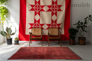 アフガニスタン産　1980年代　ヴィンテージラグ　赤い絨毯　トルクメン族　トルクメンラグ　花の模様　バシリー　リンゴの花　リビングサイズ　6畳　8畳　10畳　12畳　ダイニングテーブル　ソファ　テーブル　寝室　スタジオ　和室　ディスプレイ　家具　ヴィンテージ家具　手織り　絨毯　カーペット　amaleh　通販