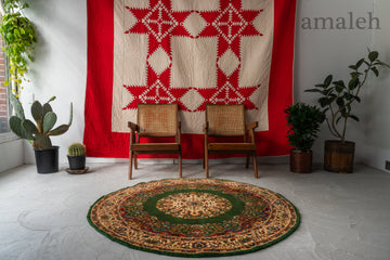 インド産　1990年代　ヴィンテージラグ　インド絨毯　サークル　丸い形　円形　メダリオン　グリーン　緑　丸　リビングサイズ　6畳　8畳　10畳　12畳　ダイニングテーブル　ソファ　テーブル　寝室　スタジオ　和室　ディスプレイ　家具　ヴィンテージ家具　手織り　絨毯　カーペット　amaleh　通販