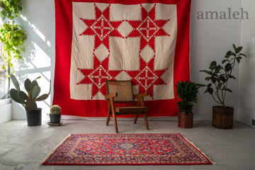 イラン産　1990年代　ヴィンテージラグ　ヴィンテージペルシャ絨毯　カシャーン　メダリオン　植物モチーフ　赤い絨毯　赤　リビングサイズ　6畳　8畳　10畳　12畳　ダイニングテーブル　ソファ　テーブル　寝室　スタジオ　和室　ディスプレイ　家具　ヴィンテージ家具　手織り　絨毯　カーペット　amaleh　通販