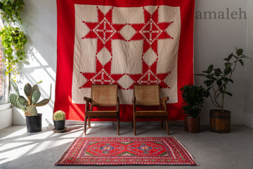 アフガニスタン産　1990年代　ヴィンテージラグ　トライバルラグ　トルクメン族　トルクメンラグ　赤い絨毯　グリーン　緑　植物柄　花　リビングサイズ　6畳　8畳　10畳　12畳　ダイニングテーブル　ソファ　テーブル　寝室　スタジオ　和室　ディスプレイ　家具　ヴィンテージ家具　手織り　絨毯　カーペット　amaleh　通販