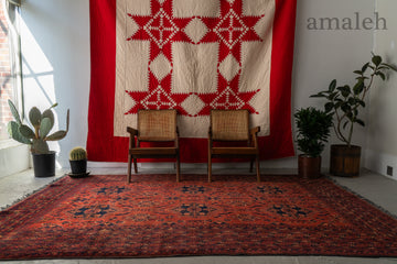 アフガニスタン産　1980年代　ヴィンテージラグ　トライバルラグ　トルクメン族　トルクメンラグ　カールモハンマディ　赤い絨毯　赤　リビングサイズ　6畳　8畳　10畳　12畳　ダイニングテーブル　ソファ　テーブル　寝室　スタジオ　和室　ディスプレイ　家具　ヴィンテージ家具　手織り　絨毯　カーペット　amaleh　通販
