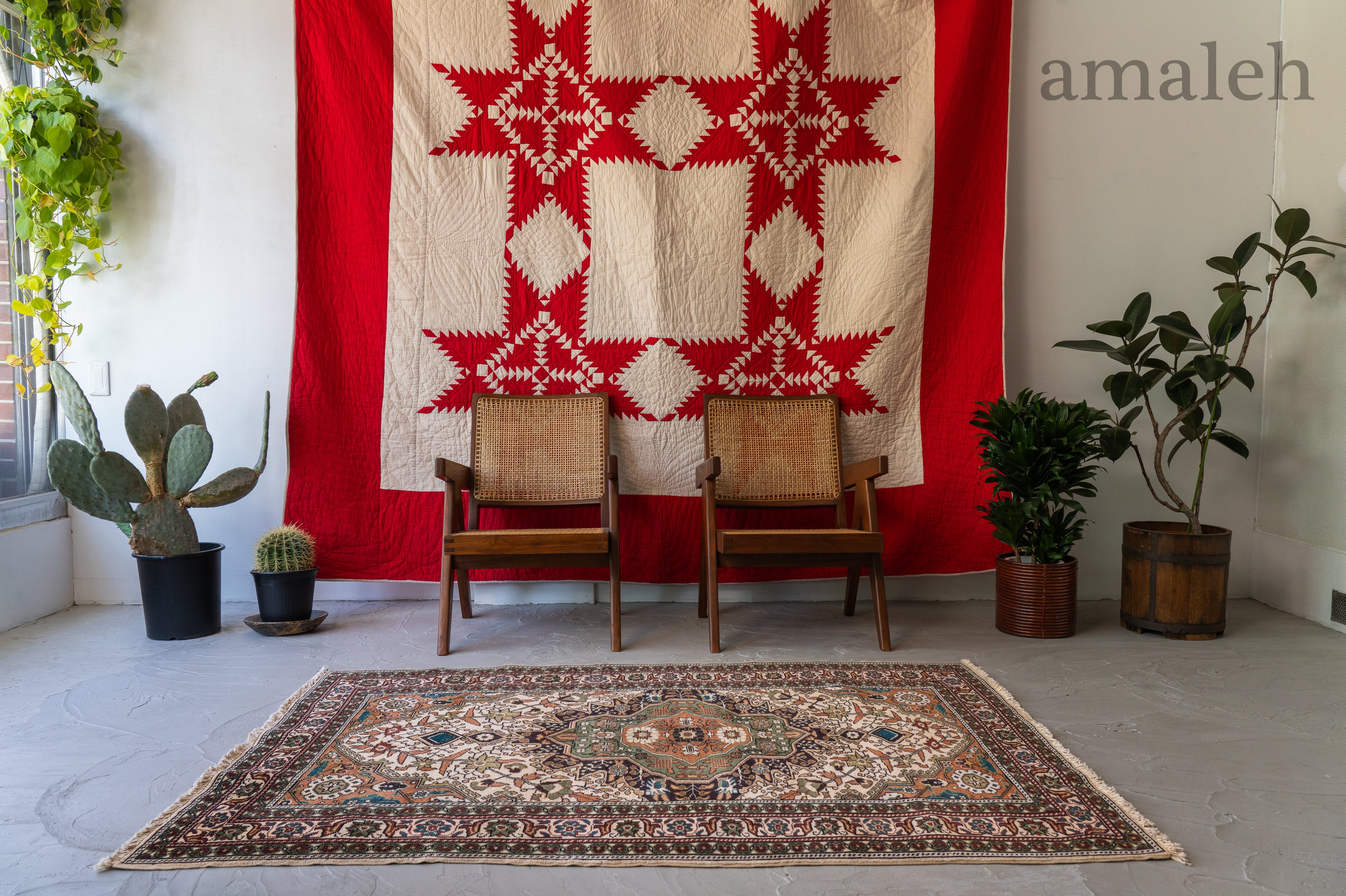 アンティークラグ　パキスタン絨毯　手織りラグ　ランナーラグ　イエローベージュ パキスタン絨毯 ラグ 200x136cm 軽くて畳める手織りラグ グリーン