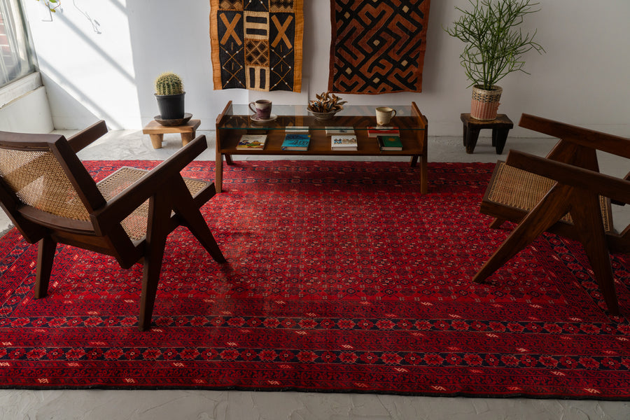 ヴィンテージラグ　トライバルラグ　トルクメン族　（203×126）赤　黒　茶　橙 ヴィンテージラグ トライバルラグ トルクメン族 （203×126）赤 黒 茶 橙