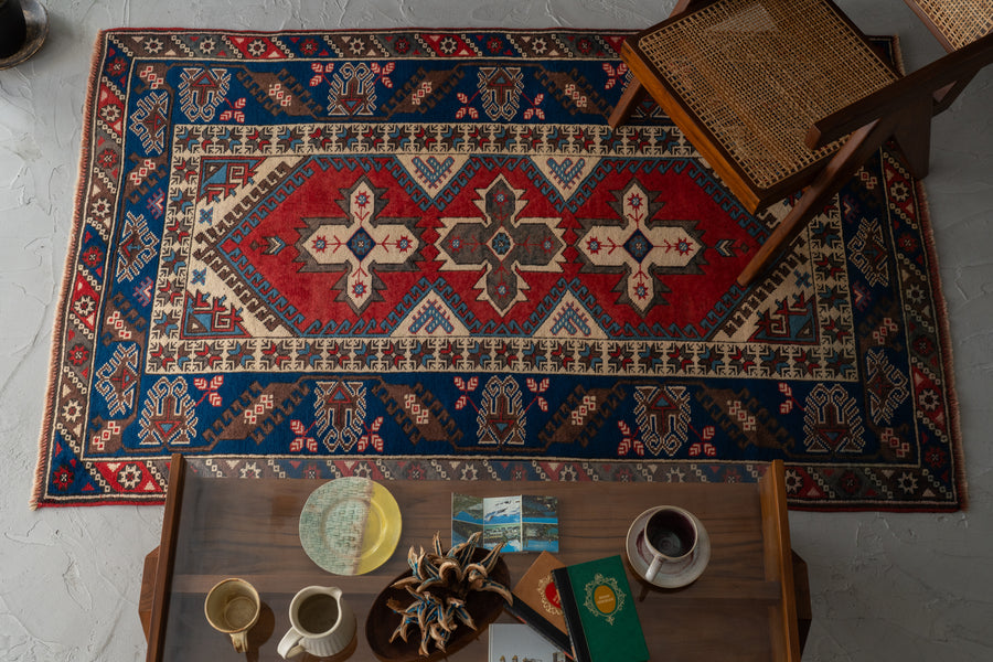 トルコ　ヴィンテージラグ　赤　ネイビー　メダリオン トルコ産 1980年代 トルコラグ】手織り絨毯-アンティークラグ-オールド