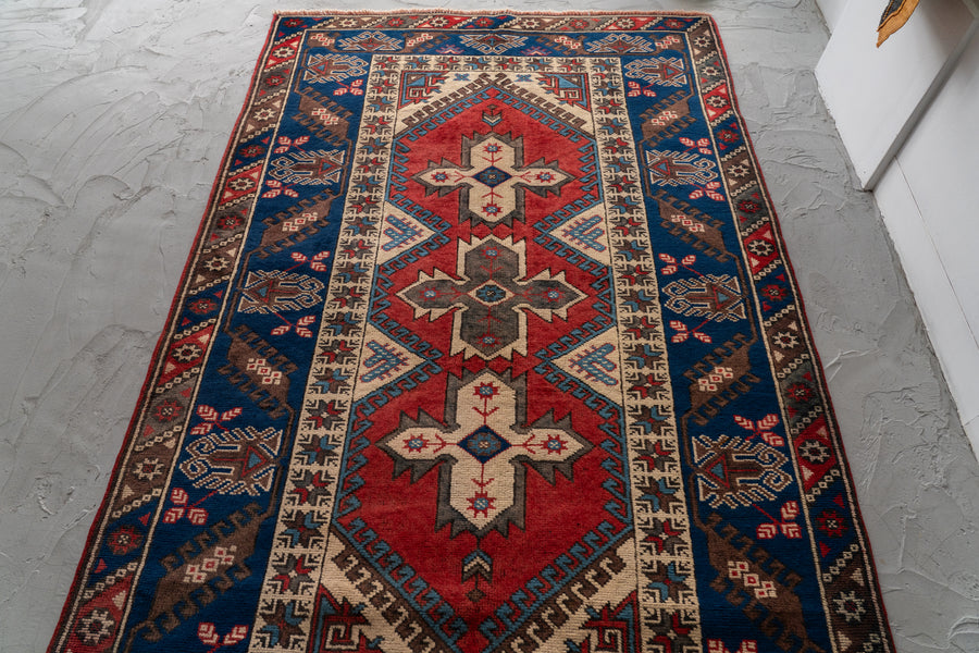 トルコ　ヴィンテージラグ　赤　ネイビー　メダリオン トルコ産 1980年代 トルコラグ】手織り絨毯-アンティークラグ-オールド