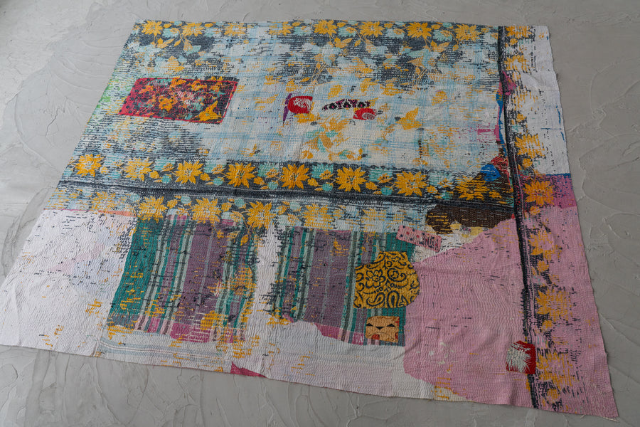 インド産　ヴィンテージ　カンタキルト　パッチワーク　手織り刺繍　手刺繍　ラリーキルト　ソファカバー　ヴィンテージ雑貨　民芸品　キルト専門店　amaleh